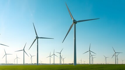 Expansive green field dotted with numerous tall wind turbines under a bright clear blue sky on a sunny day showcasing renewable energy generation in a vast landscape