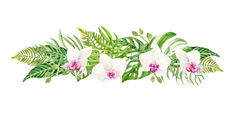 Horizontal composition of white orchid with pink core and monstera leaves. Watercolor illustration of tropical flower for wedding invitations and cruise party. Phalaenopsis, botanical illustration.