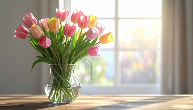 Vibrant bouquet of pink and yellow tulips in a clear glass vase on a wooden table with bright sunlight streaming through a window.