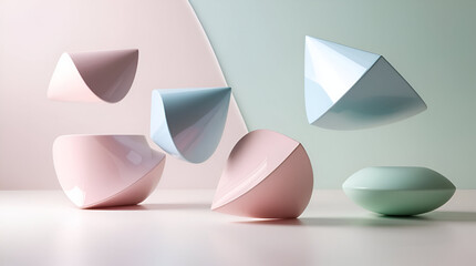Minimalist 3D abstract composition with floating pastel shapes and soft shadows