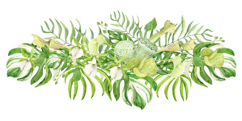 Bouquet of white orchids, green anthurium, sarracenia and monstera leaves. Exotic plants of tropical forests and jungles. Watercolor illustration for summer wedding invitations in jungle style.