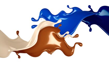 Dynamic splash of vibrant blue, creamy beige, and rich brown liquids against a plain white background.