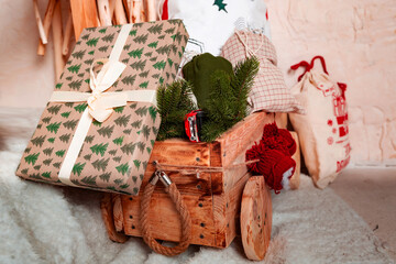 Beautiful Christmas gift boxes on the floor. New Year background. St. Nicholas Day. Present. Time of holidays and miracles.