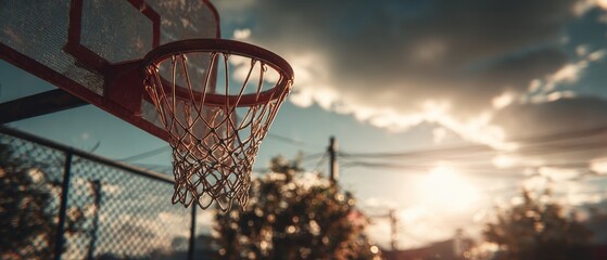 Golden Hour Basketball Hoop Silhouette Against Vibrant Sunset Sky, Dreamy Outdoor Court Scene.