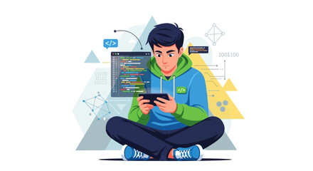 Illustration of a young man coding on a tablet while sitting cross-legged.