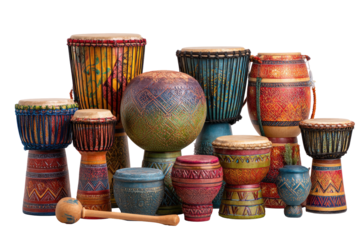 Group of vibrantly colored, handcrafted drums of various sizes, with a wooden mallet