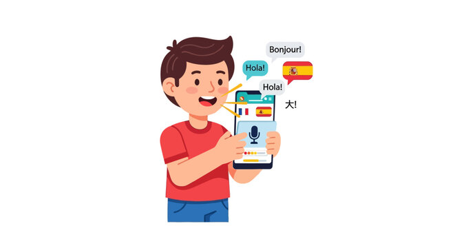 A young boy uses a language translation application on his smartphone to learn and communicate in different languages.