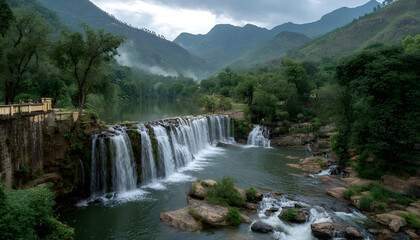 Fototapeta premium Experience the breathtaking view of a serene waterfall cascade at a dam, beautifully surrounded by lush greenery