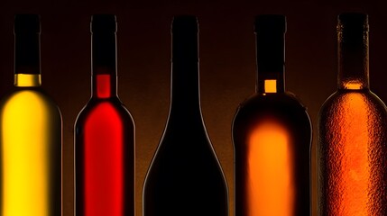 backlighting. An elegant display of wine bottles showcasing intricate glass textures and labels, illuminated by warm backlighting. bar promotions.