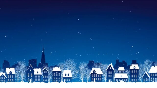 Snowy cityscape silhouette with whimsical houses and bare trees under a starlit sky