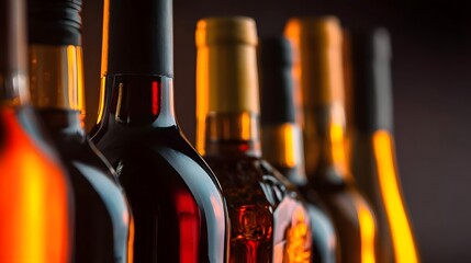 backlighting. An elegant display of wine bottles showcasing intricate glass textures and labels, illuminated by warm backlighting. bar promotions.