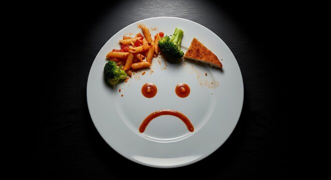 Overhead shot of a plate with uneaten food arranged into a sad face on a black surface, under spot lighting. Concept for picky eating, food waste and children's health,  nutrition