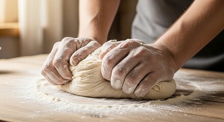 Fototapeta premium Close-up of male hands kneading dough on a floured wooden table with soft window light, concept for baking bread, making pizza and culinary arts