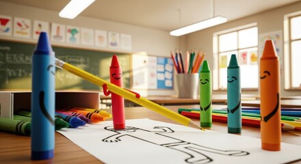 Anthropomorphic Crayons Creating Art in a Classroom.