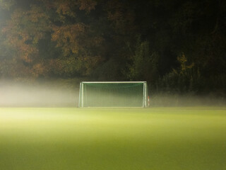 soccer field in fog with a goal © workFLOw