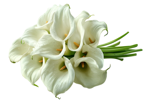 A bouquet of elegant white flowers with yellow stamens and green stems against a dark background