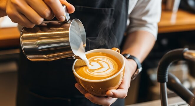 A barista pours milk into a cup creating latte art, showcasing skill and precision. Concept for coffee shop menus, culinary art and beverage advertising