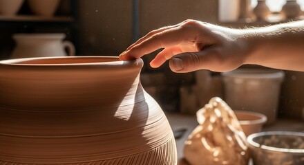 Close-up of artisan's hand shaping wet clay on a pottery wheel, creating a traditional vase, concept for craft workshop, art therapy and ceramic design