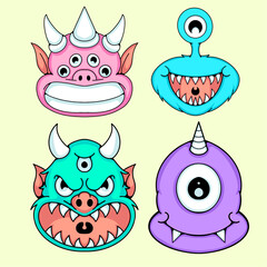 Cute Cartoon Monster Head Pack  Funny Colorful Creature Mascot Set for Logo, Sticker, and Game Design