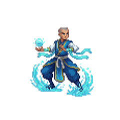 pixel art water monk hero spiritual fighter design