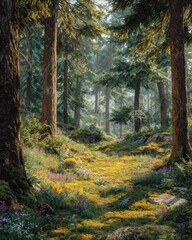 Fototapeta premium Enchanting Sun-Dappled Forest Path Bathed in Golden Hour Light, Lush Greenery.