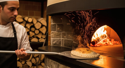 Chef pulling a calzone from a wood-fired oven with sparks and flames in the background