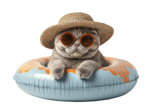 A grey cat wearing sunglasses & a hat, floating in a pool ring against a black background
