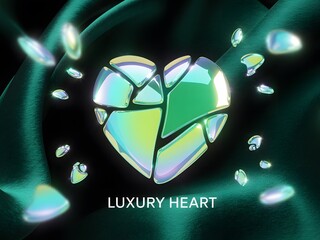 Elegant Abstract Heart Shape Art Displayed on Luxurious Green Silk Fabric Emitting a Soft Radiant Glow Symbolizing Love and Beauty in a Dreamy Atmosphere