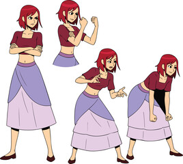 Expressive redhaired female cartoon character in various dynamic action poses.