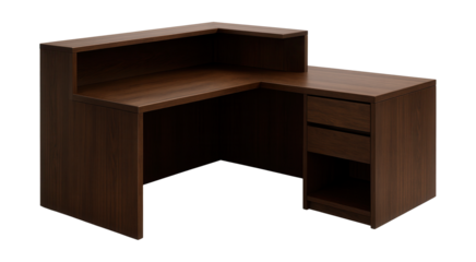 L-shaped reception desk in dark oak, perfect for spacious home offices in cottages.