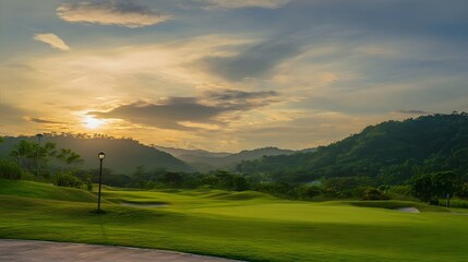 fairway. Vast green golf course under bright sunlight, capturing the tranquility of open landscapes. travel magazines, destination branding, designed for outdoor magazines and nature guides.