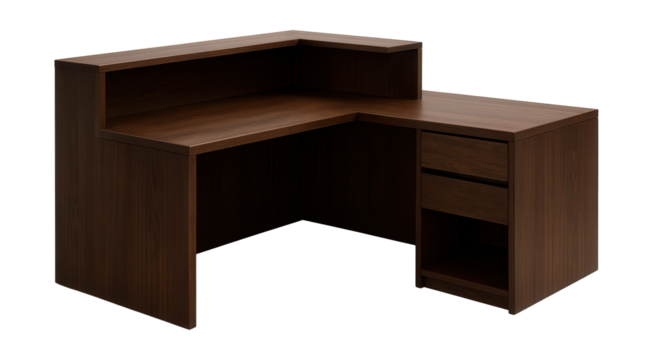 L-shaped reception desk in dark oak, perfect for spacious home offices in cottages.
