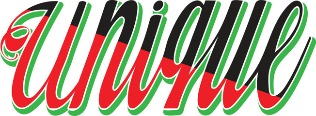 Bold red and black script font word unique