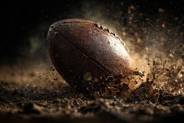 Dynamic Close-Up of Football Impacting Ground, Creating Dust Cloud, Dramatic Lighting.