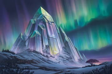 Majestic Crystalline Mountain Underneath a Vibrant Aurora Borealis Display Illuminating the Cold Winter Night Sky