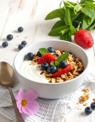 Healthy Breakfast Bowl - Yogurt, Granola, Berries, and Mint.