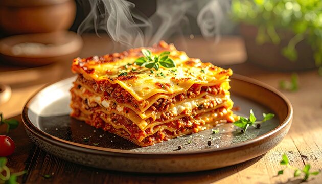 Steaming Lasagna Bolognese served on a rustic plate with fresh basil and parsley garnish on a wooden table with soft window lighting casting a warm glow