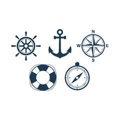 Fototapeta premium nautical navigation symbols anchor compass ship wheel lifebuoy clean vector icons for sea and sailing