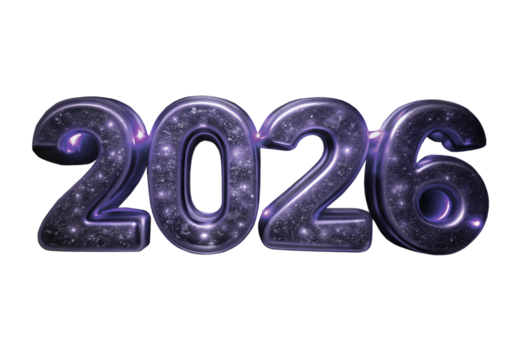Glossy purple 2026 numbers with sparkling stars, futuristic new year celebration concept.