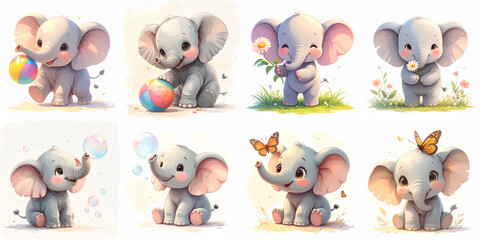 Baby Elephant Playing with Ball and Bubbles – Soft Pastel Children’s Illustration, generated ai