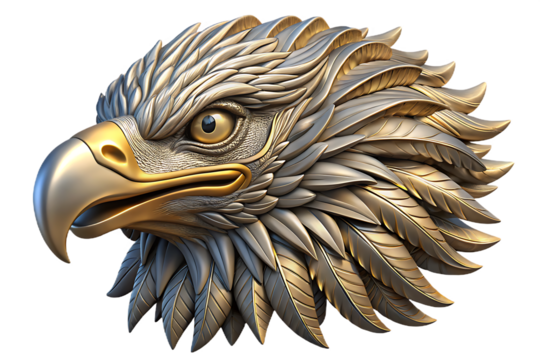 Golden eagle head isolated on transparent background, detailed feathers and beak
