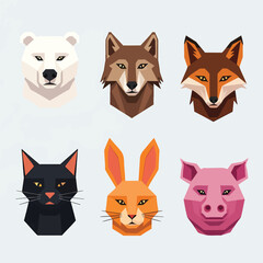 Set of six polygonal animal head icons polar bear wolf fox cat rabbit and pig.