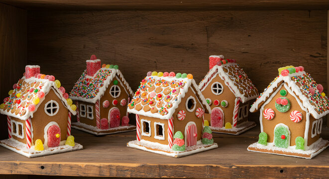 Miniature gingerbread houses decorated with colorful candies on shelf
