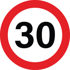 Red and white circular road sign indicating a speed limit of thirty