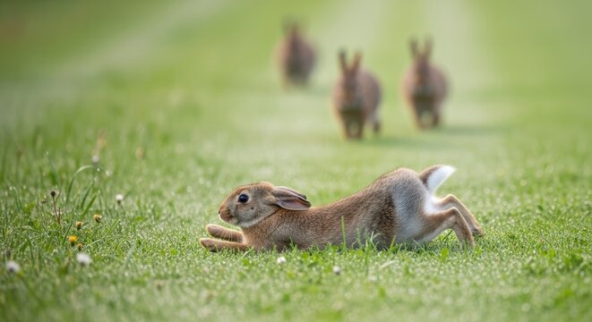 Young Rabbit Running Through a Green Grassy Field.