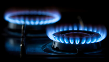two kitchen gas stove burners, close up of blue flame