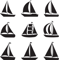 black and white sailboat icons variations vector silhouettes with different sails hulls masts ideal for marine graphic design