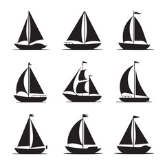 sailboat silhouettes grid vector set black and white nautical icons for logos illustrations and maritime design assets