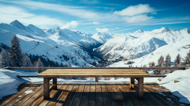 A rustic wooden bench is positioned in a snowy area, providing a stunning view of towering mountains under a bright blue sky on a clear winter day. - Powered by Adobe