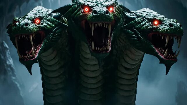 Terrifying three-headed hydra roars furiously from its dark cave, its glowing red eyes menacingly fixed forward.